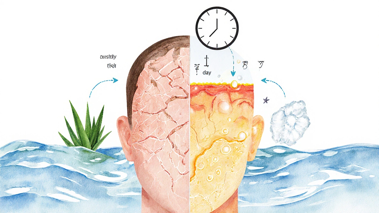 Split scalp illustration showing over-washed vs. healthy skin with water and time cycles.