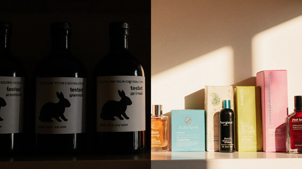 Split shelf: dark tested products on one side, glowing cruelty-free brands on the other, symbolizing ethical choice.