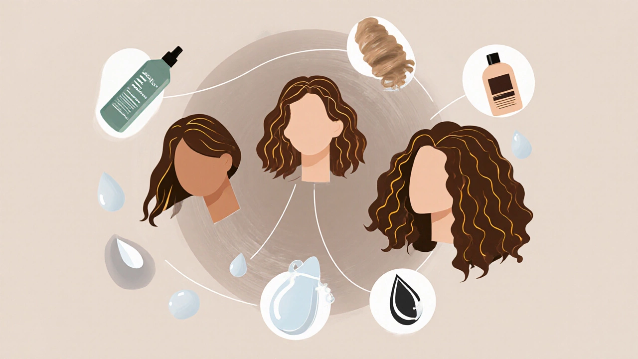 Three hair types with glowing oil-travel paths, surrounded by hair care symbols.