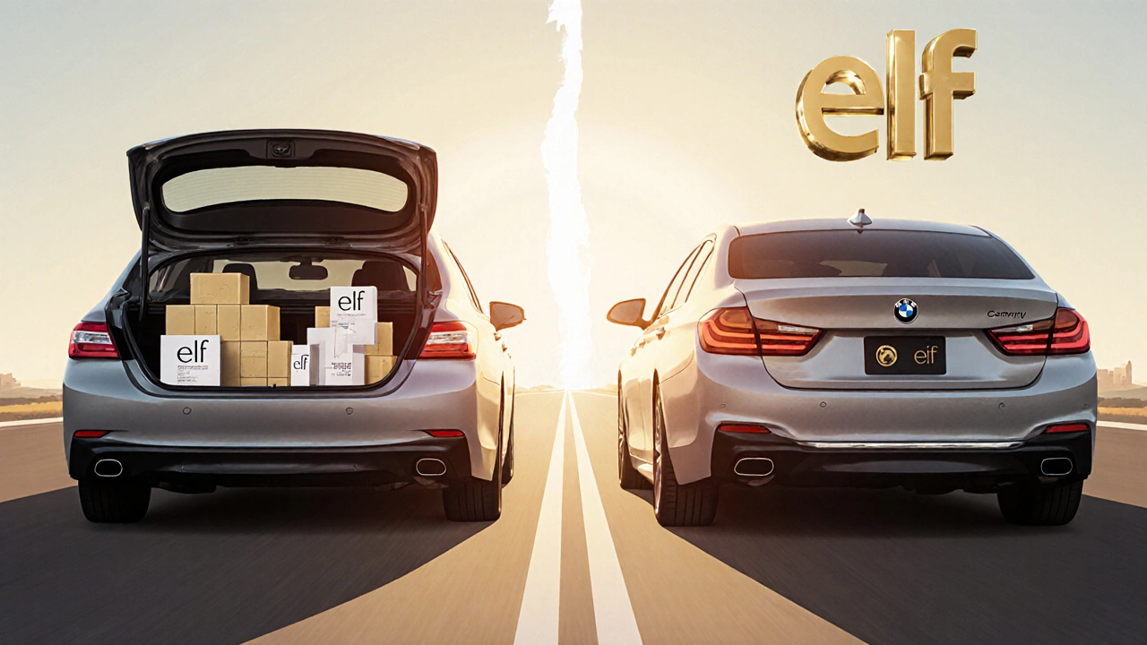 Toyota Camry with Elf makeup boxes vs BMW with luxury brand packaging in a split-road illustration.