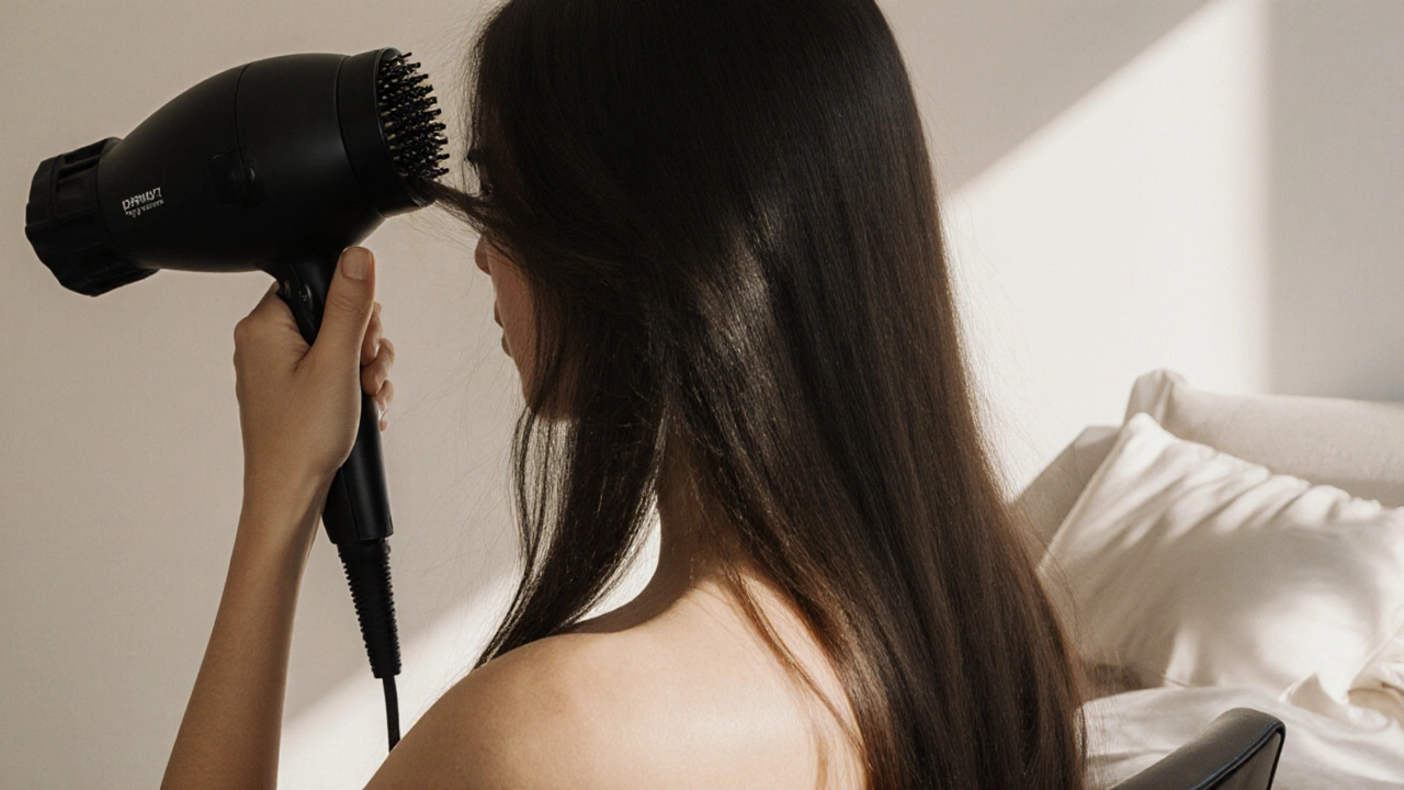 Woman blow-drying hair with round brush, strands flowing smoothly under cool air and natural light.