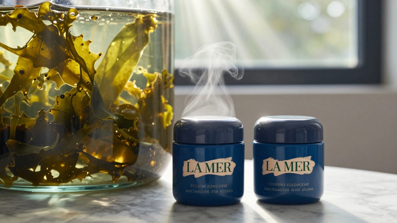 A glass fermentation vat with glowing sea kelp and sunlight streaming through a window.