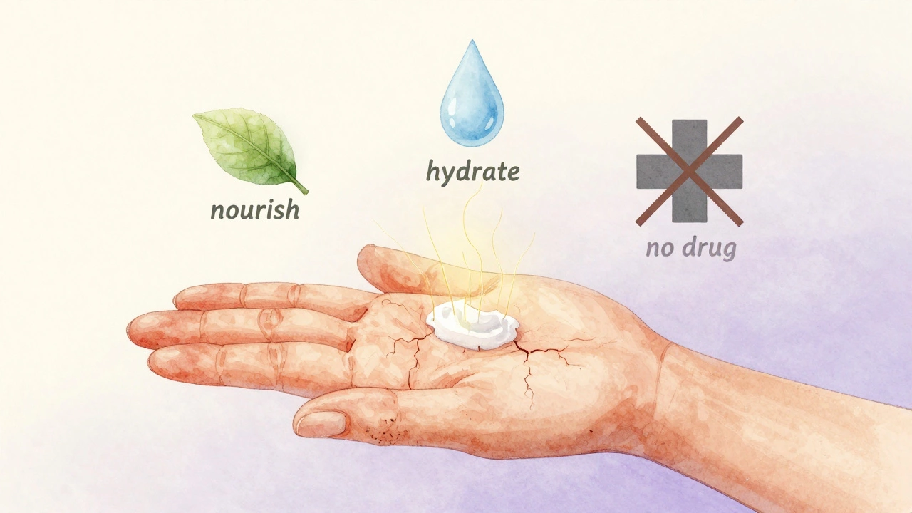A hand applying lotion with glowing moisture threads, surrounded by symbolic icons of hydration and non-medical claims.