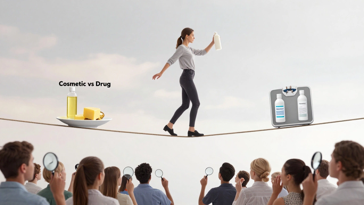 A tightrope walker balancing a lotion bottle between cosmetic and drug ingredients, with consumers watching below.