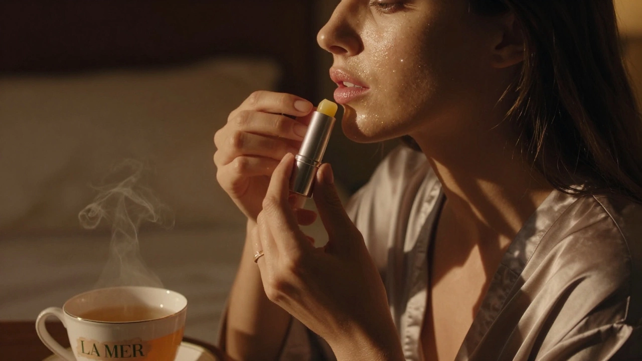 A woman's hands gently applying La Mer lip balm at dawn in a luxurious bedroom.