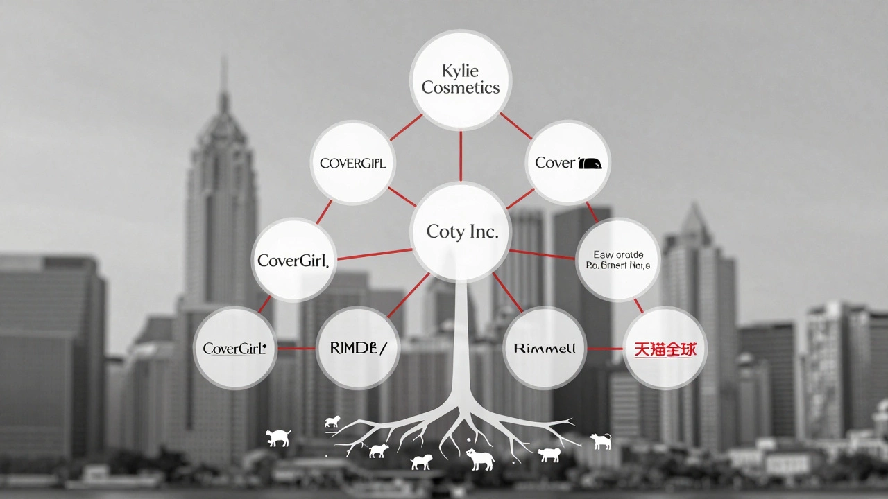 Corporate tree showing Kylie Cosmetics linked to Coty and animal testing.
