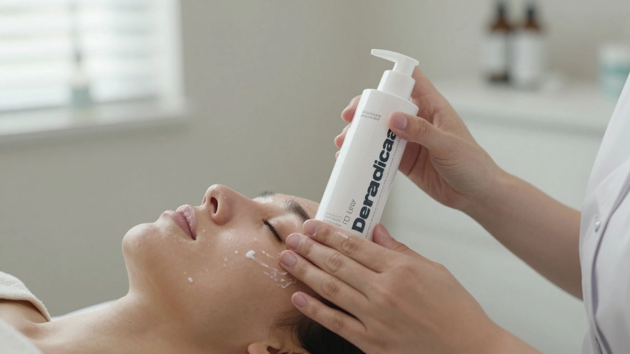 Esthetician gently cleansing a patient's skin after a peel with Dermalogica Daily Cleansing Milk.