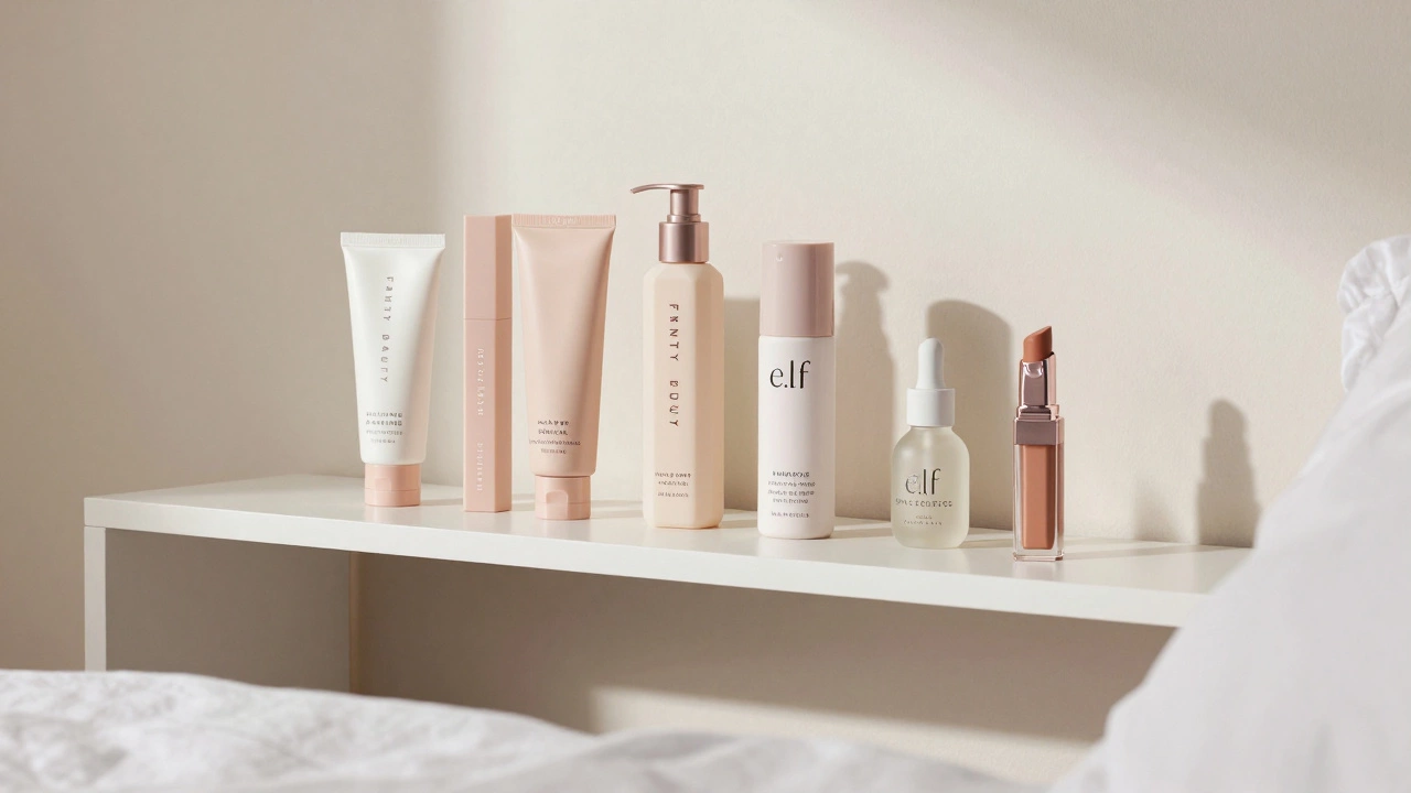 Ethical makeup brands on a shelf with Kylie Cosmetics subtly isolated.