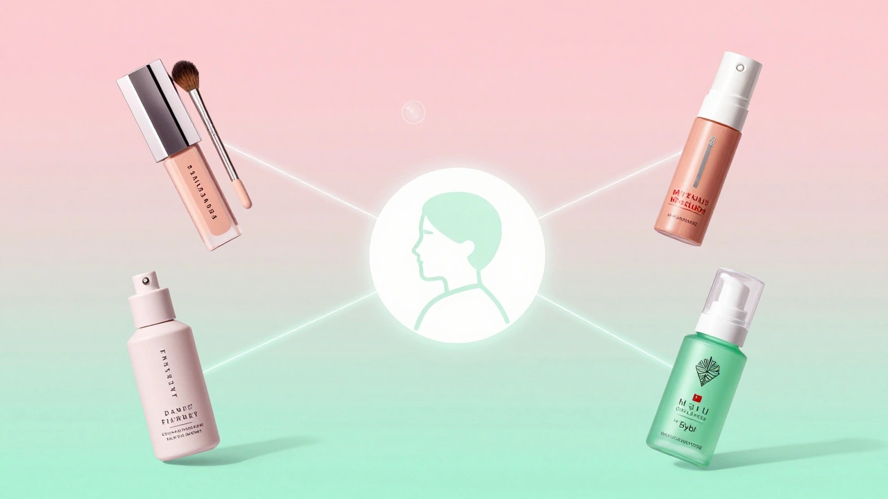 Floating mini beauty products from Fenty, Drunk Elephant, Hero, Bybi, and Maui Moisture.