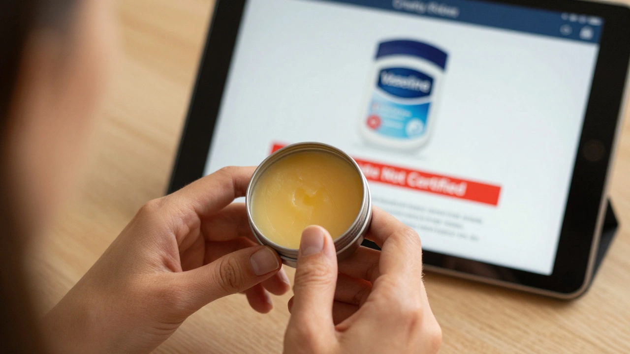 Hand applying cruelty-free balm while tablet shows Vaseline not certified.