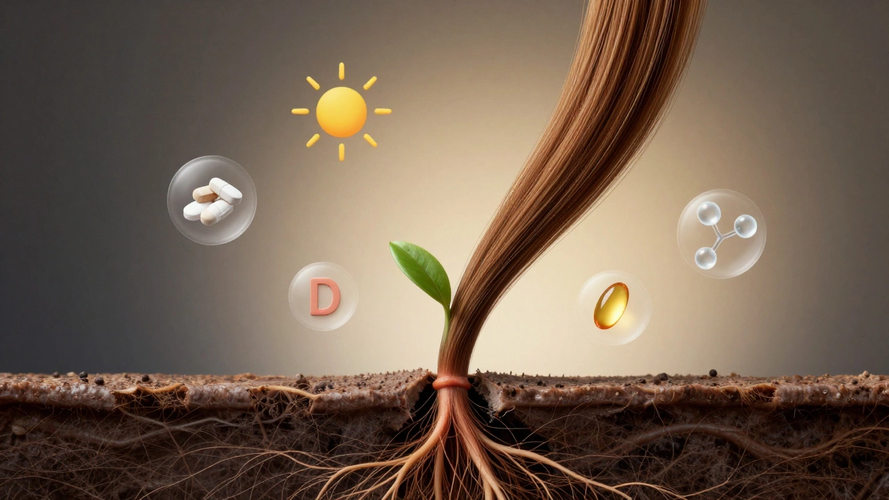 Healthy hair strand growing from root with floating nutrient icons: iron, vitamin D, omega-3, ceramides