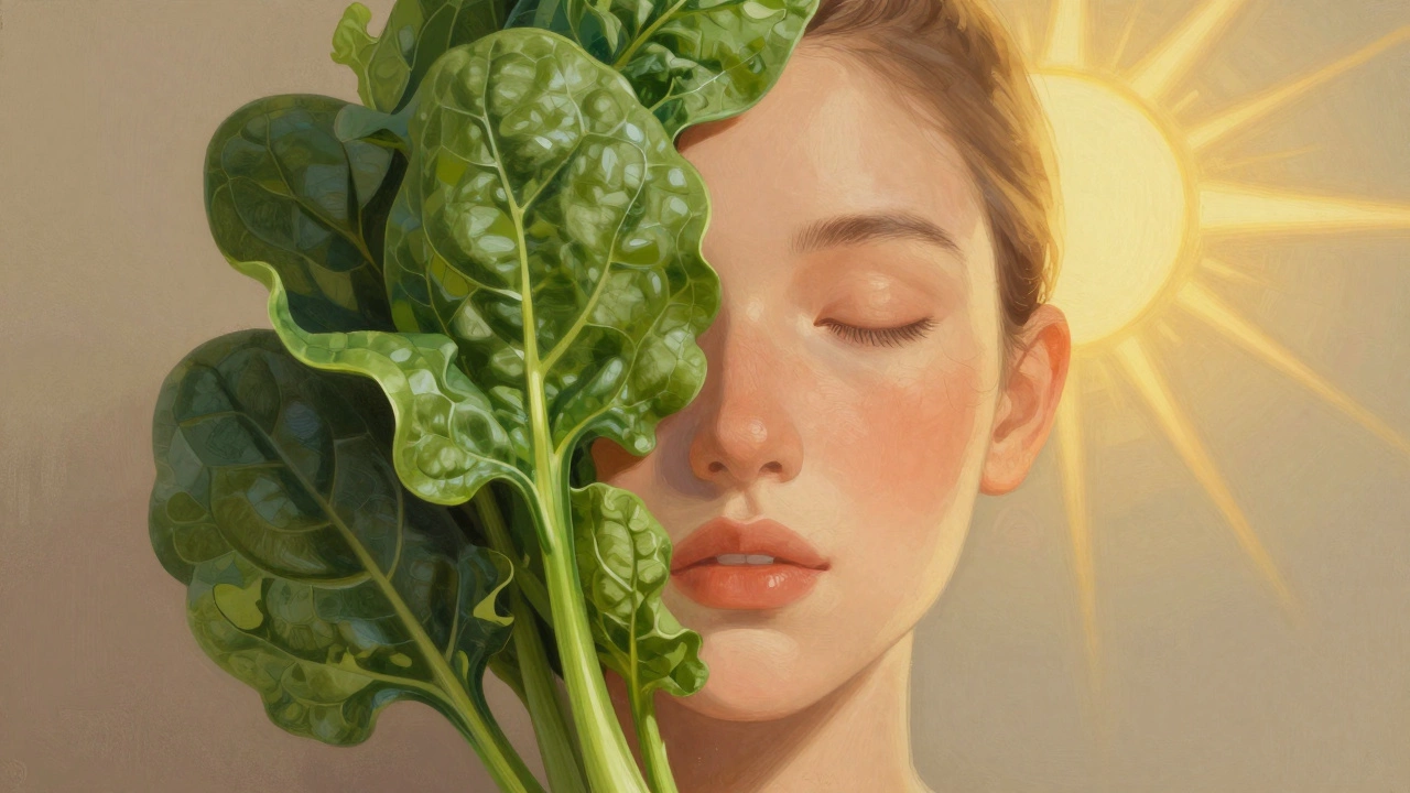 Human face made of spinach leaves transitioning into smooth, healthy skin