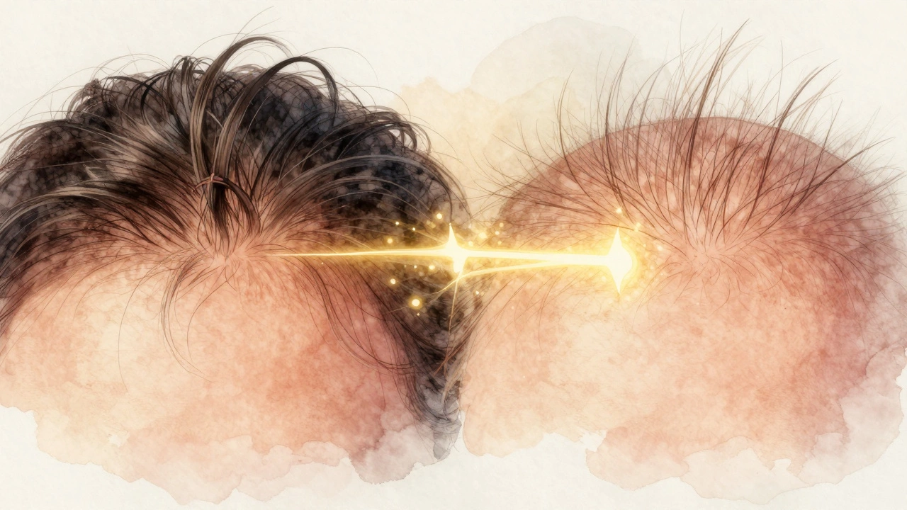 Illustration comparing dense pubic hair to sparse regrowth after laser treatment with glowing laser pulses.