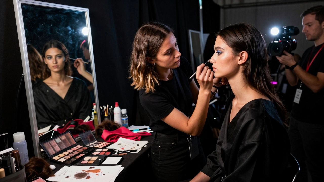 Makeup artist applying high-fashion makeup to a model backstage during a runway show with dramatic lighting.