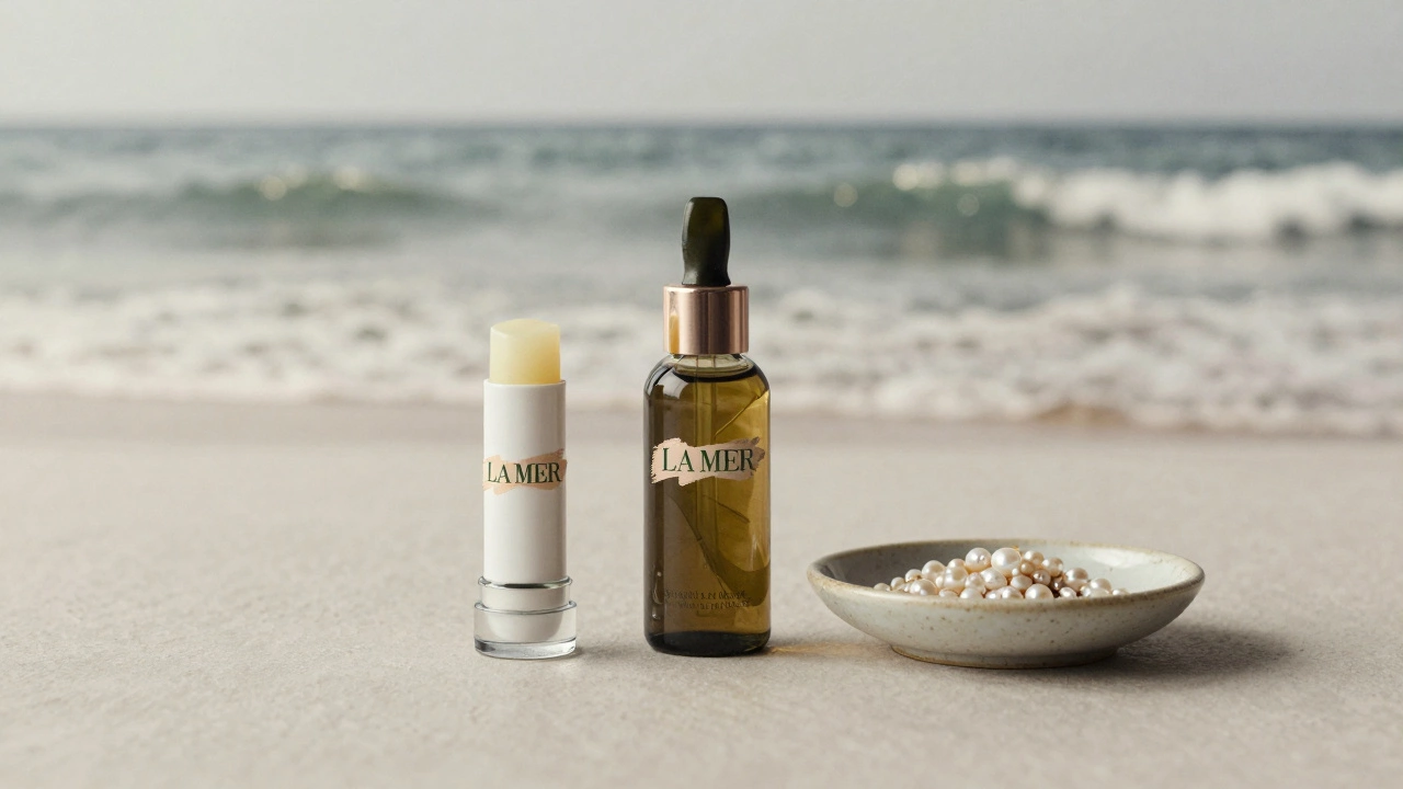 Minimalist still life of La Mer lip balm, sea kelp, and crushed pearls as symbols of luxury craftsmanship.