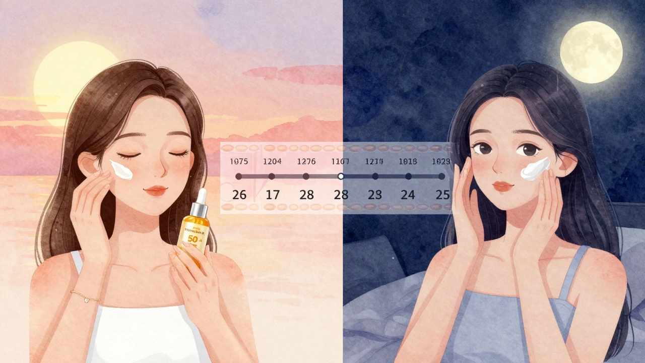 Split daily skincare routine: morning vitamin C and SPF, night ceramide moisturizer.