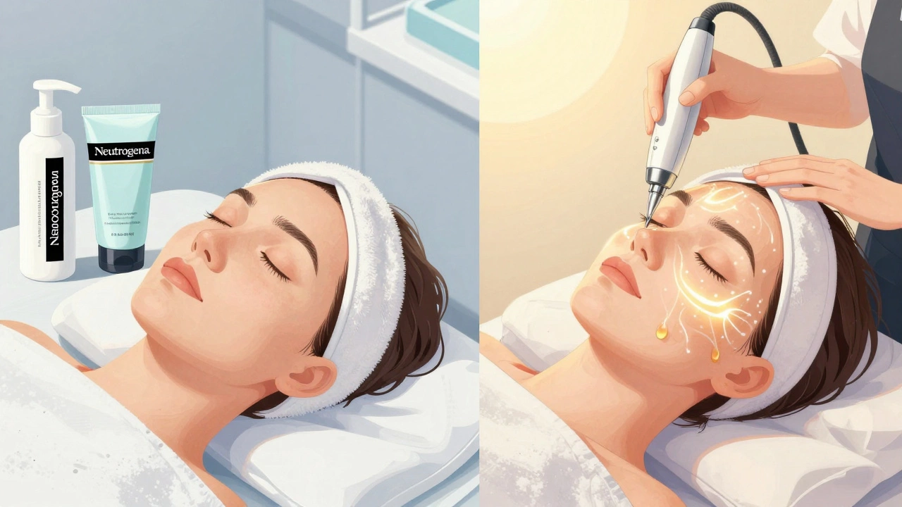 Split-screen comparison of basic vs. advanced facial treatments with skincare products.
