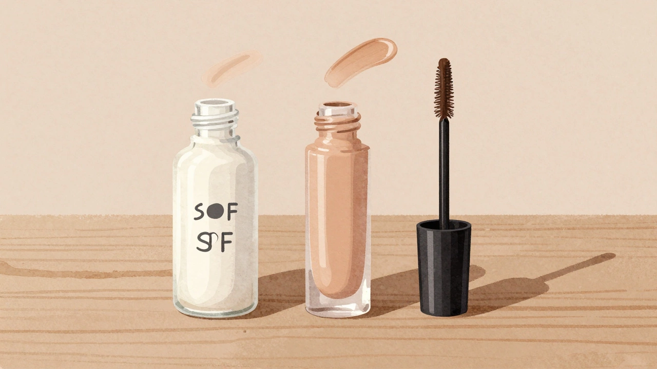 Three minimalist makeup products arranged neatly on wood surface.