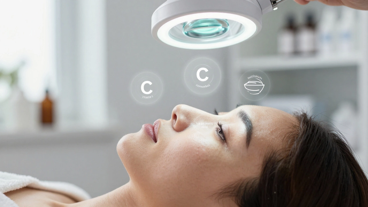 Woman&#039;s face under a magnifying lamp with floating skincare ingredient icons above skin.