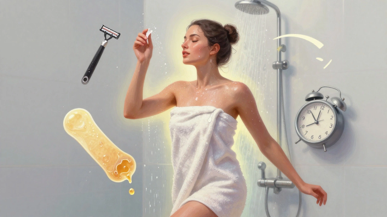Woman after laser hair removal stepping from a shower, symbols of old grooming methods fading away around her.