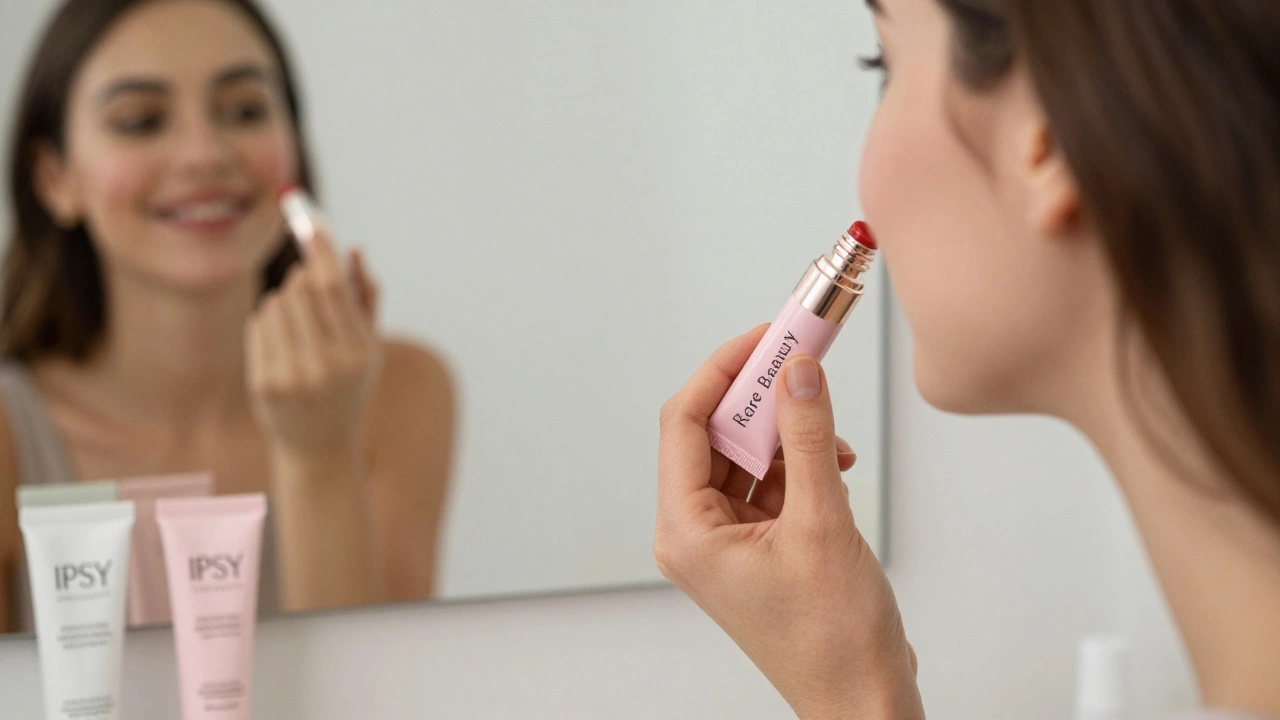 Woman applying Rare Beauty blush in front of a mirror with other IPSY samples nearby.