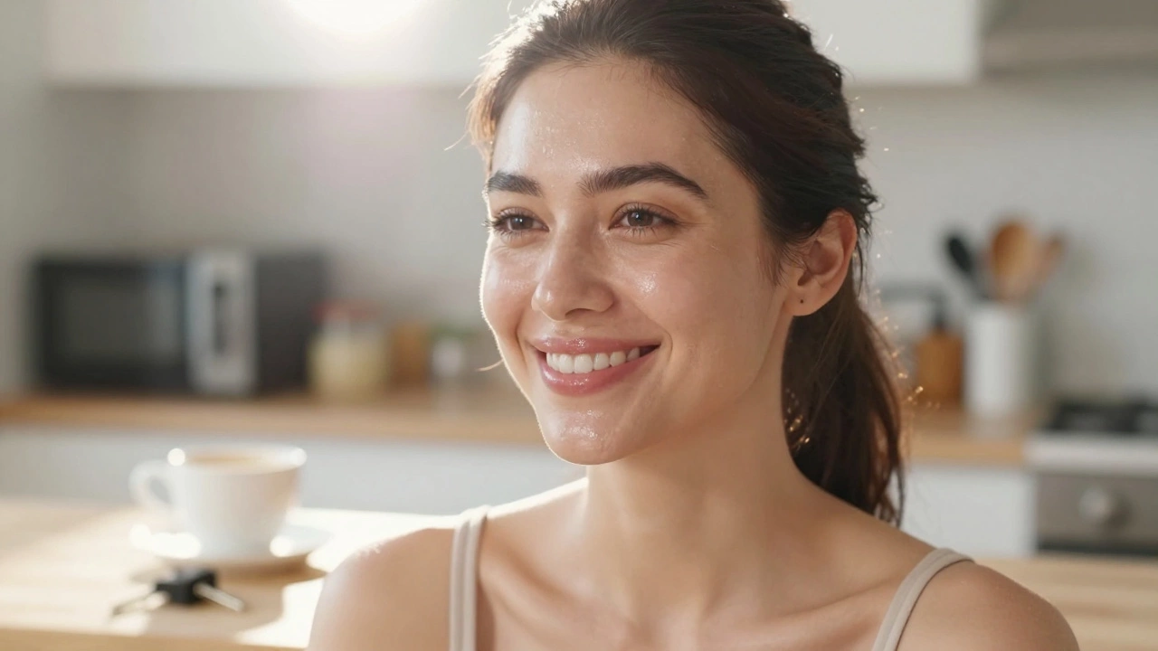 Woman with natural skin, lightly defined brows, and tinted lips smiling in daylight.