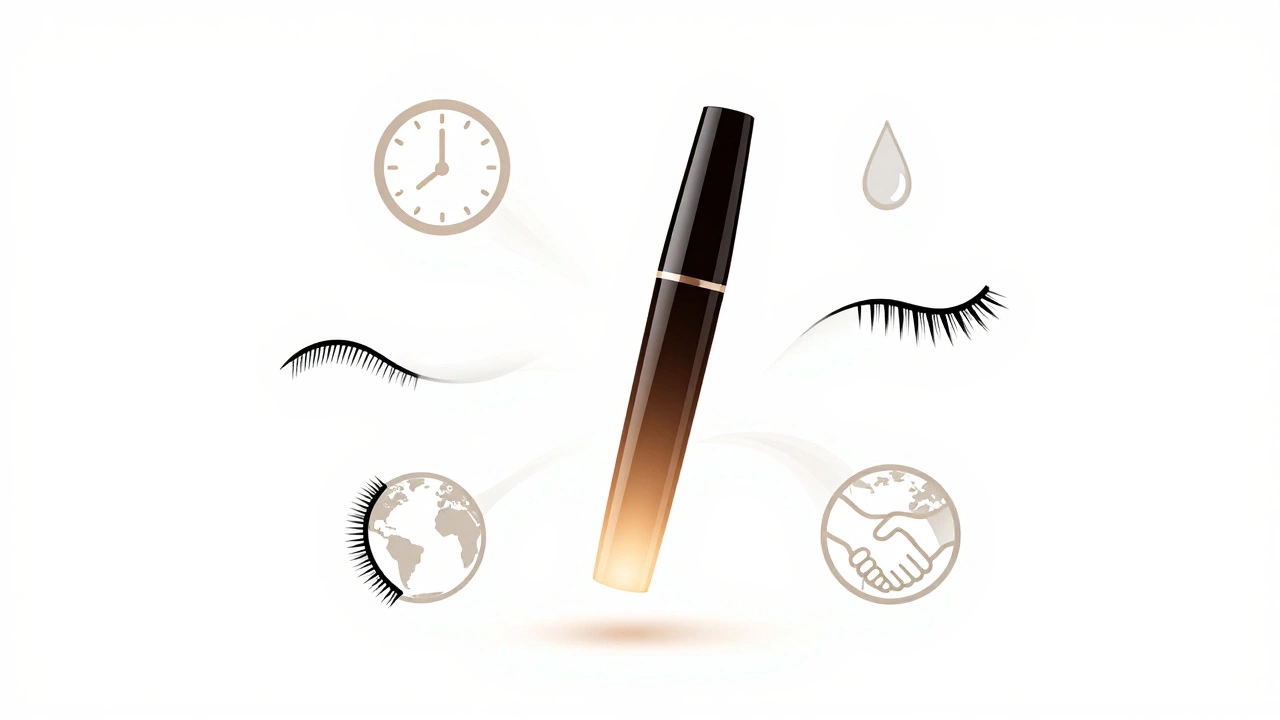 A glowing mascara tube surrounded by abstract lashes shaped like clock, tear, globe, and handshake icons.