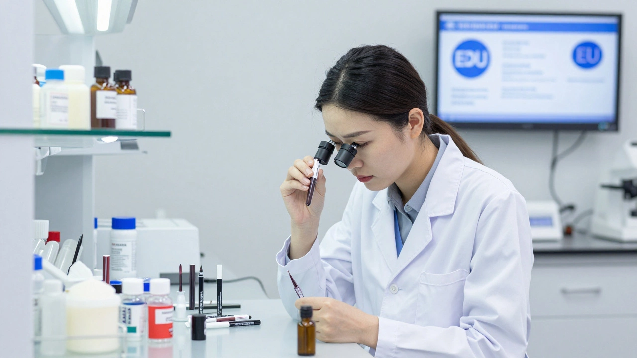 A scientist examining eyeliner ingredients in a clean laboratory environment.