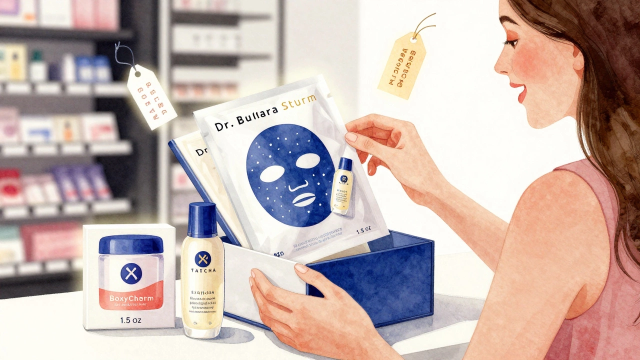 A woman happily unboxing a luxury beauty subscription with full-size products and a deluxe sample visible.