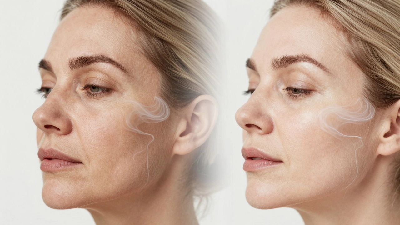 A woman’s face showing a natural transition from dull to radiant skin after an oxygen facial, no makeup or text.