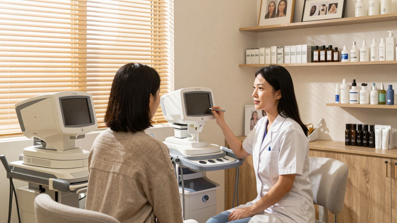 Aesthetician consulting with a client about melasma treatment in a serene consultation room.