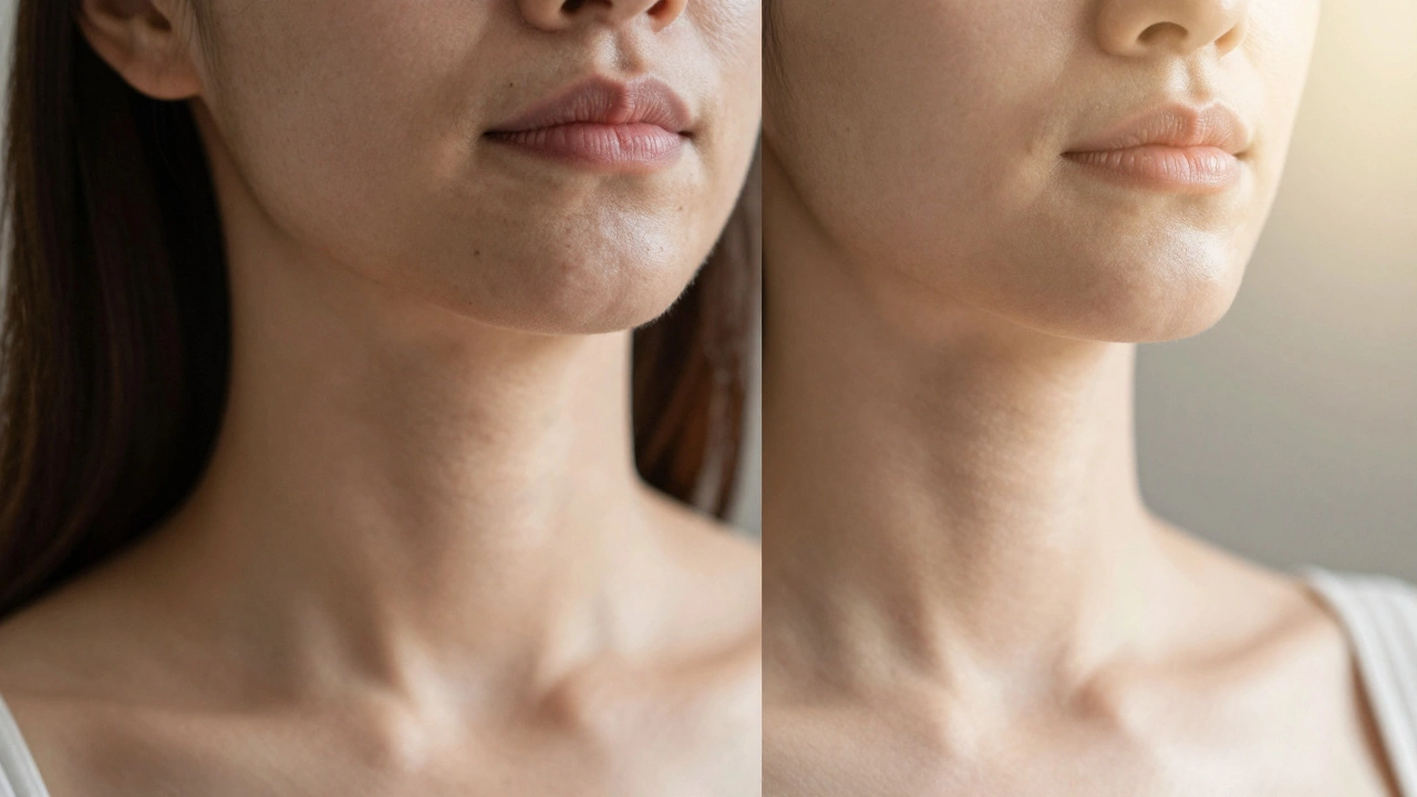 Before-and-after comparison of neck and jawline skin texture and tightness.