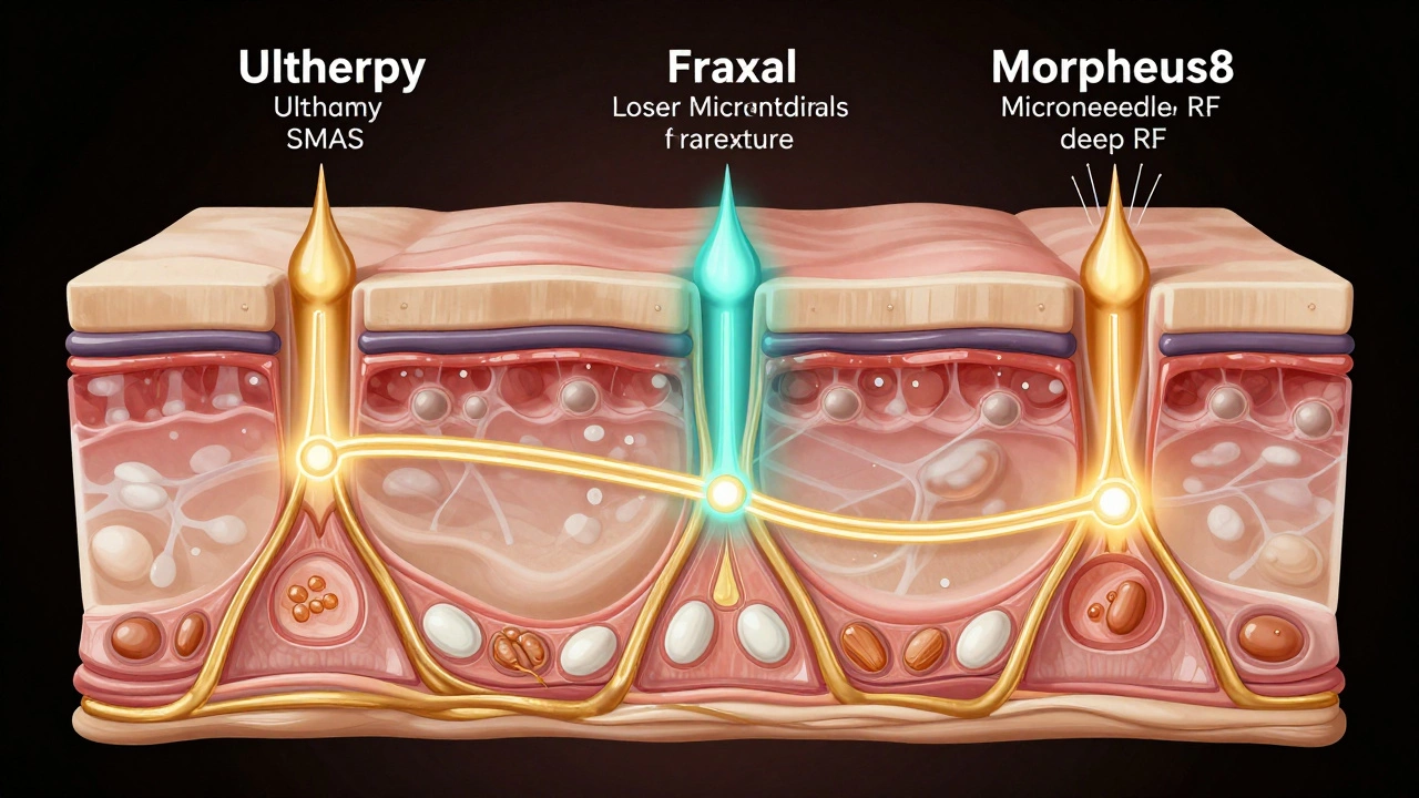 Cross-section of skin showing Ultherapy, Fraxel, and Morpheus8 energy pathways stimulating collagen.