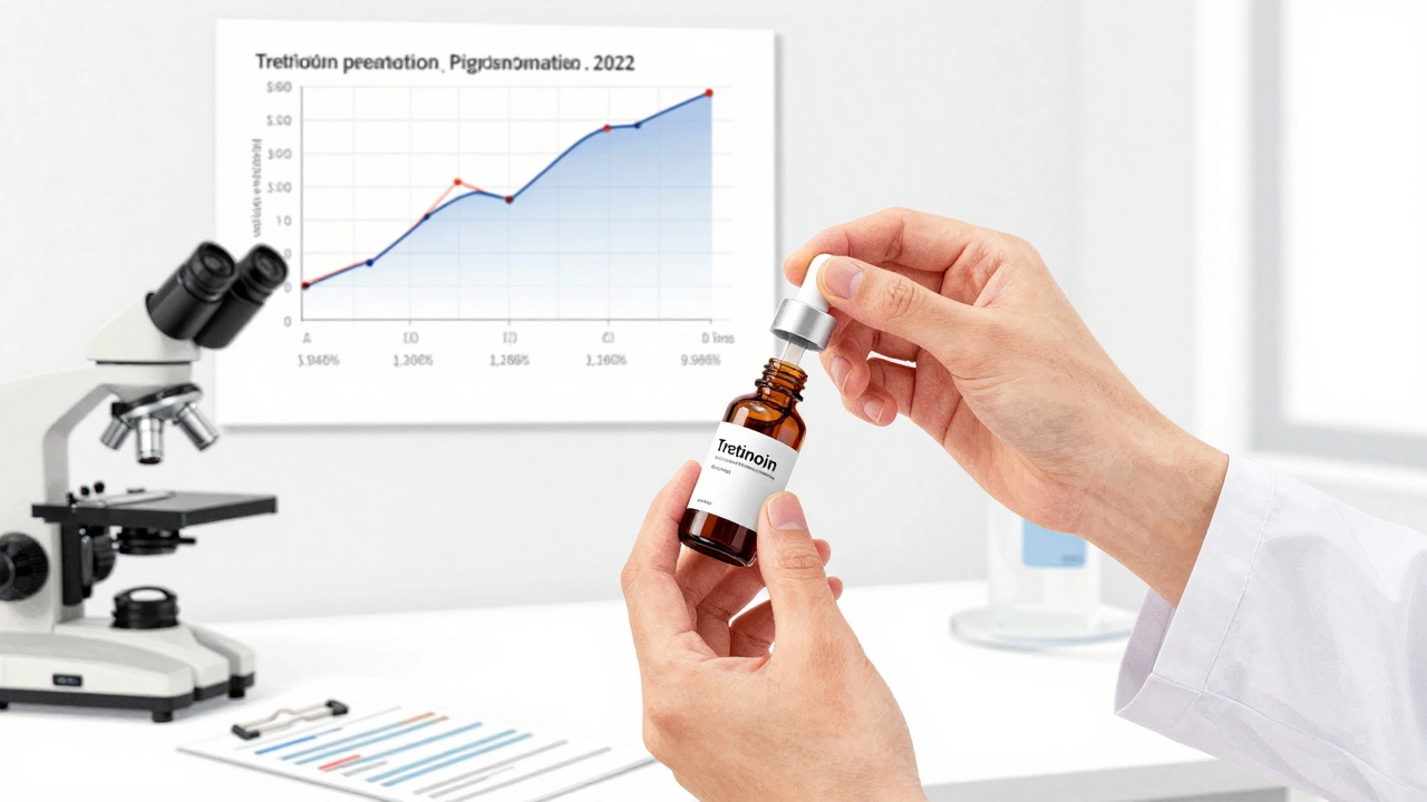 Dermatologist dispensing prescription skincare in a clinical lab, with data graphs showing skin improvement over time.