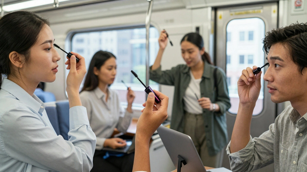 Diverse people applying mascara in daily settings: train, office, door, and video call.