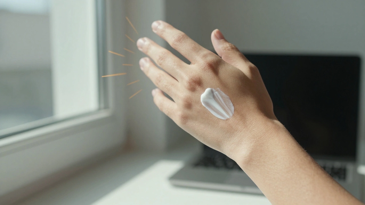 Hand applying sunscreen near a window, sunlight streaming in, skin calm and protected.