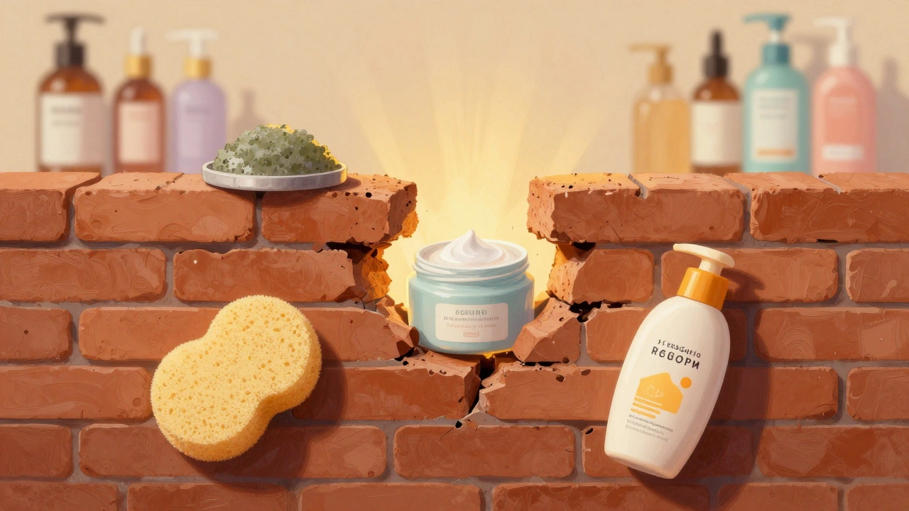 Human skin depicted as a brick wall being repaired by gentle tools while harsh products damage it.