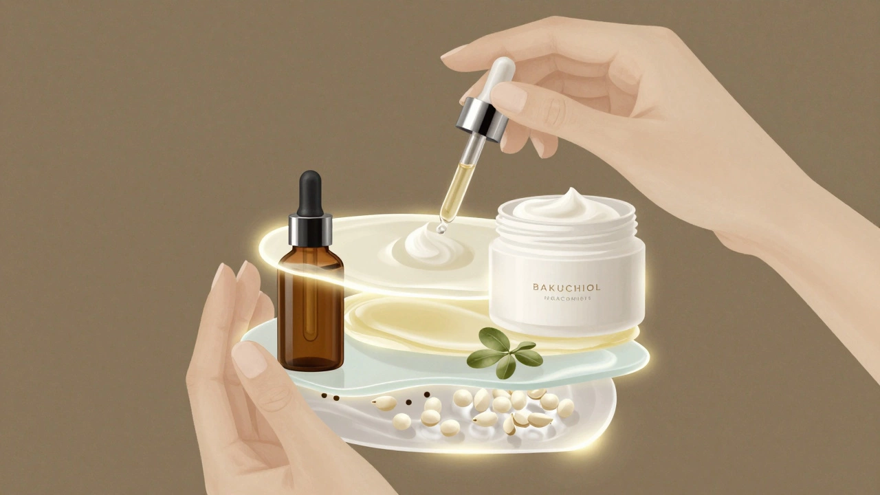 Layered glowing actives like bakuchiol and niacinamide surrounding skin in a serene, artistic composition.