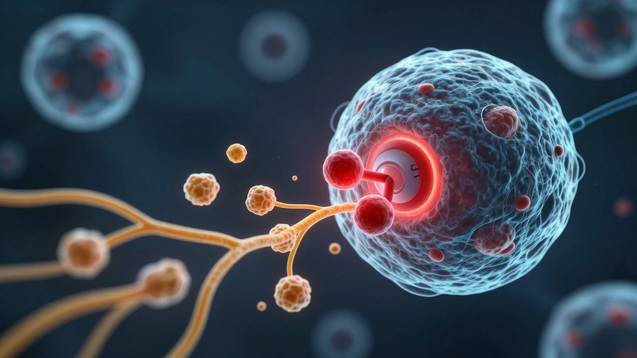 Microscopic view of a cell with rapamycin turning off mTOR and activating autophagy
