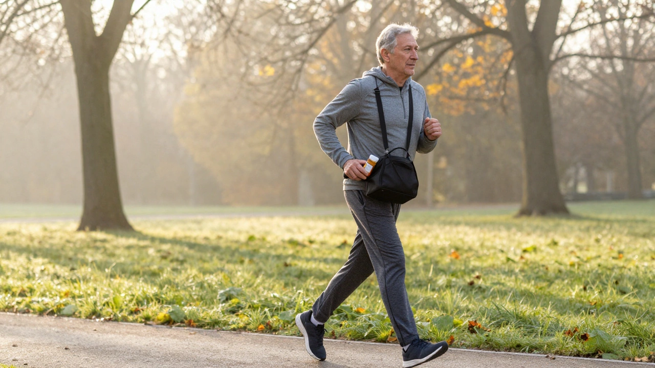 Older adult jogging at sunrise with rapamycin pill bottle in gym bag