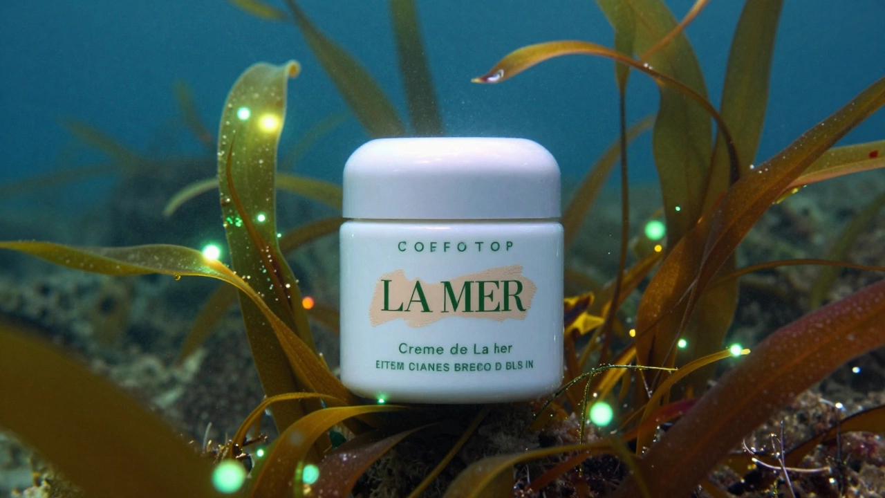 Refillable luxury cream jar merging with glowing kelp forest, representing sustainable beauty and ocean conservation.