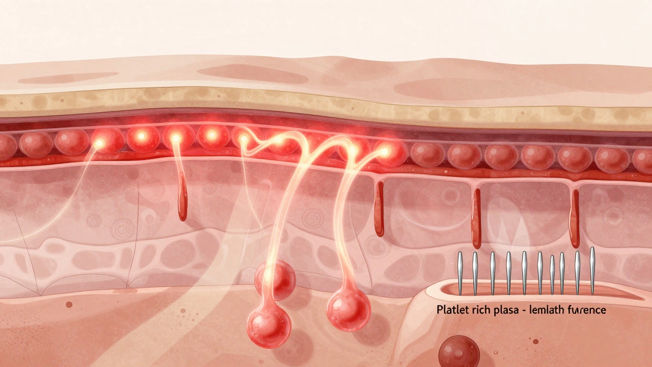 Scientific illustration of LED light and microneedling working deep within mature skin to stimulate collagen and hydration.