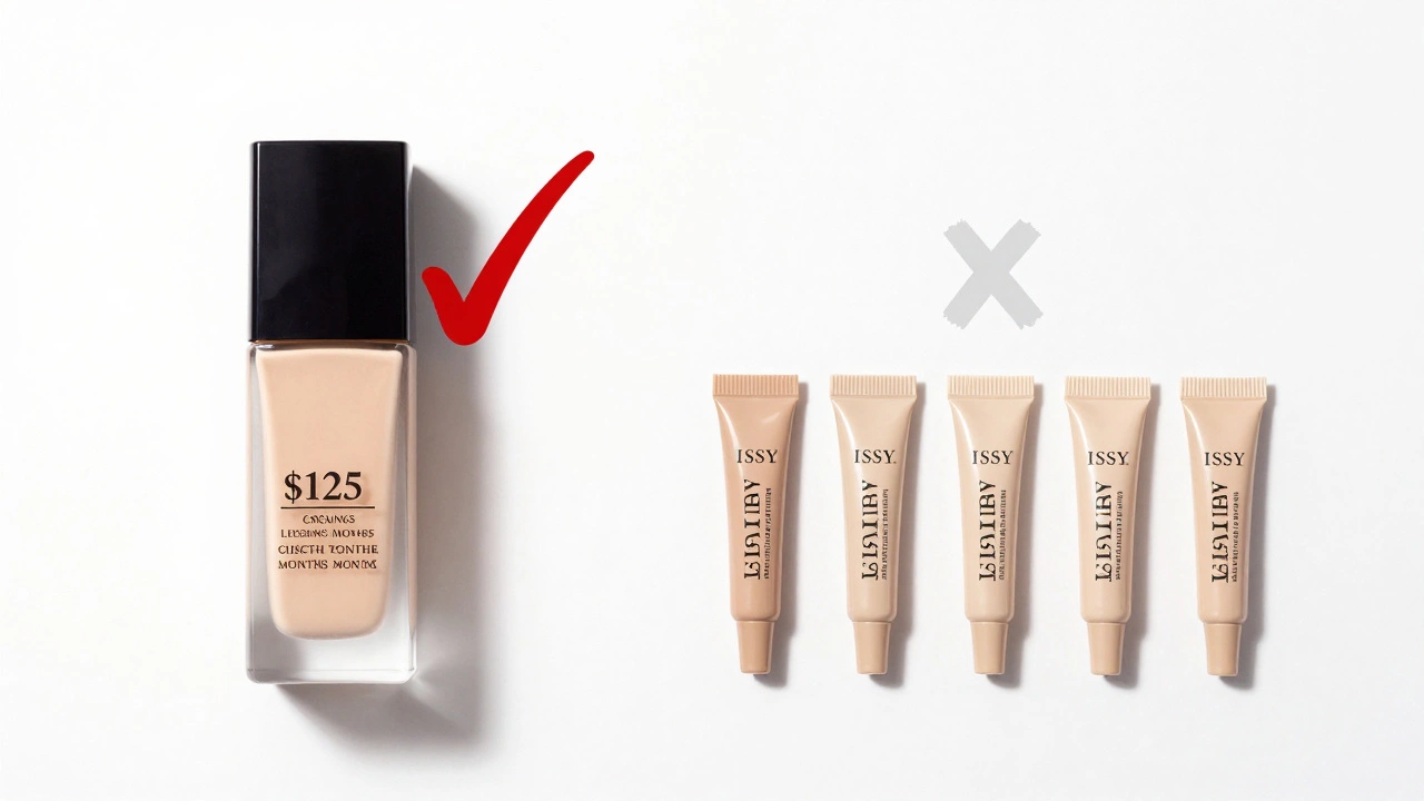 Side-by-side comparison of one full-size beauty product versus five mini samples, highlighting value difference.