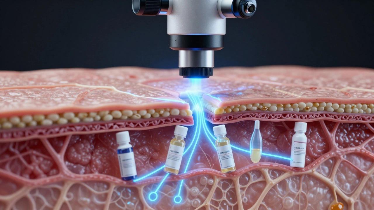 Skin cross-section showing medical-grade ingredients penetrating deeply, while drugstore products remain on the surface.