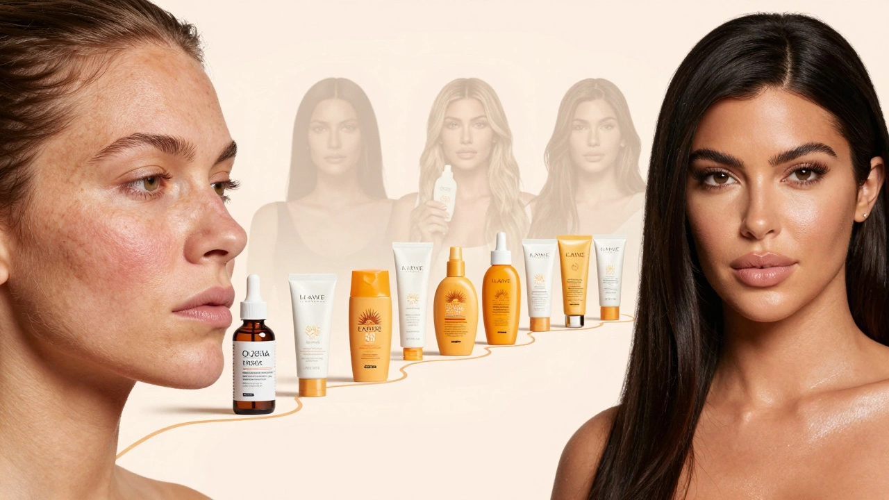 Timeline showing skin transformation from irritation to radiance with celebrity silhouettes in background.