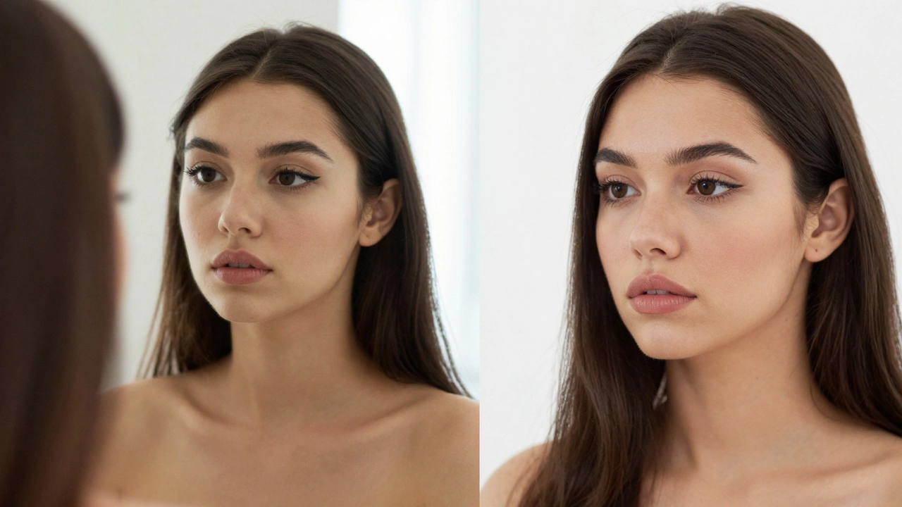 Two views of the same woman—one with just eyeliner, one with full makeup—side by side.