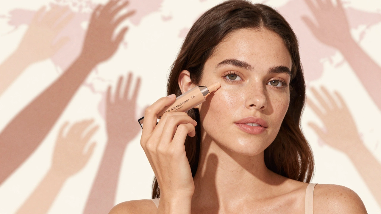 Woman applying foundation with natural skin texture visible, symbolizing authenticity and mental health advocacy.