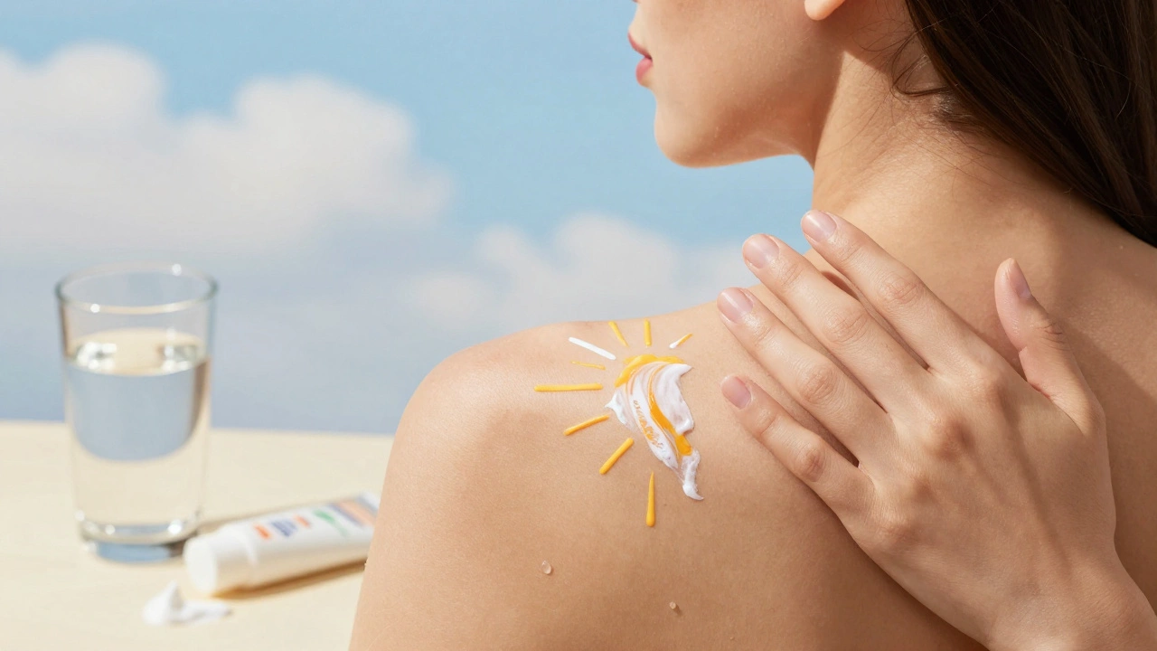 A hand applying sunscreen to face, neck, and hands under natural daylight, emphasizing daily sun protection.