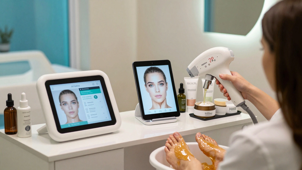 A salon corner featuring laser hair removal, eyelash extensions, and AI skin analysis with sustainable products.