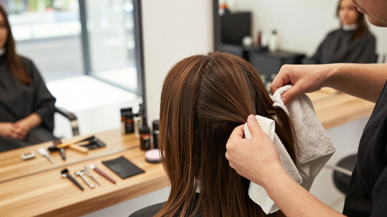 A stylist performing a precision balayage haircut with scalp treatment in a bright, natural-light salon.